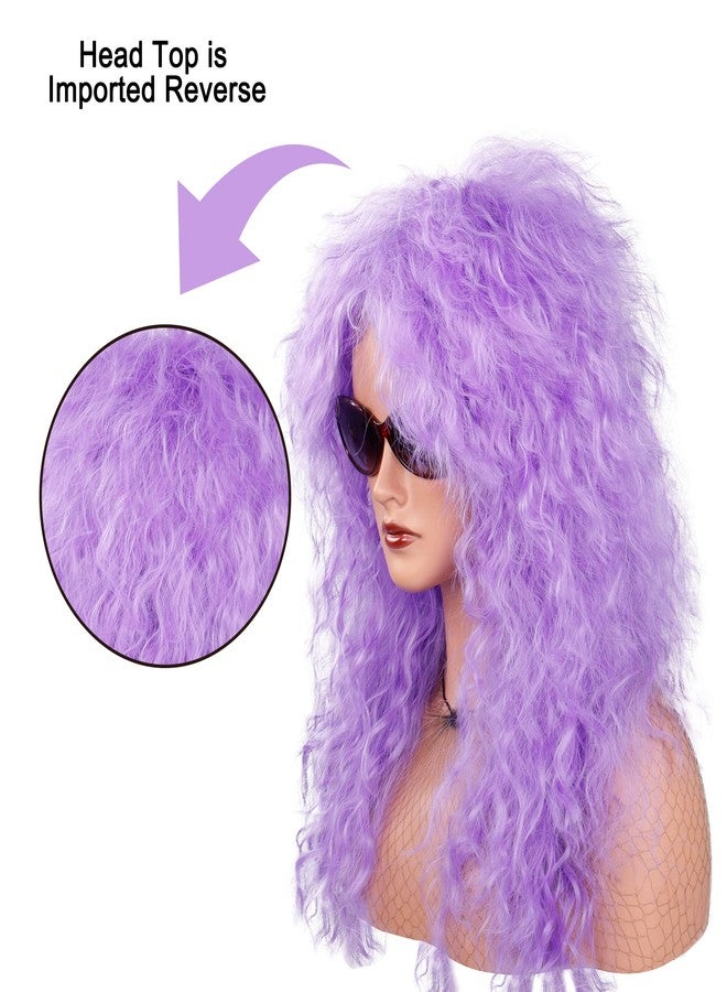 MEIRIYFA 80s Rocker Punk Wig Long Curly Wig for Men and Women Retro Mullet Wigs for Halloween Costume Cosplay Party (Purple) - Image 4